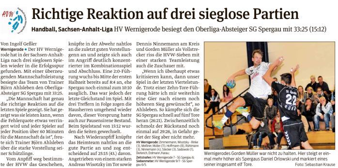Volksstimme Spielbericht zum Sieg der 1. Mannschaft gegen Spergau